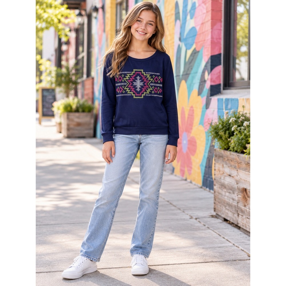 Soprano Girls Navy Blue Tribal Geometric Graphic Long Sleeve Pullover Top Size L
